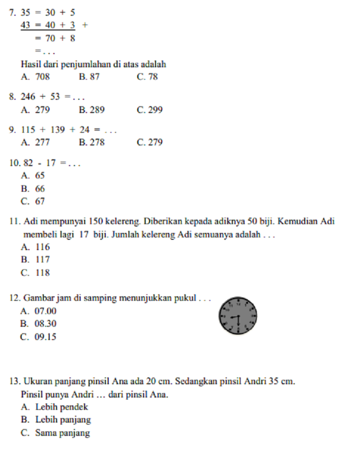 Kumpulan Soal Pelajaran Matematika Kelas 2 Sd Mi Semester 1 Dan 2 Kunci Jawaban