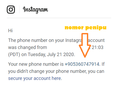 Nomor telepon penipu take over akun instagram